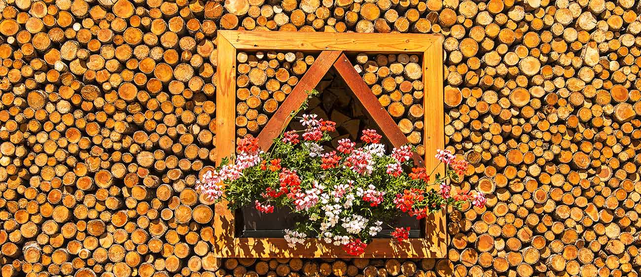 Wall made of wooden logs and geraniums on the balcony