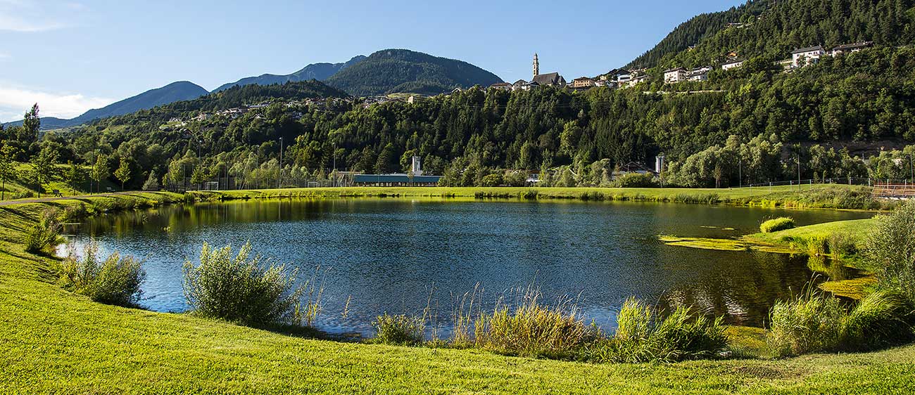 Der See Tesero von Wiesen und Bergen umgeben