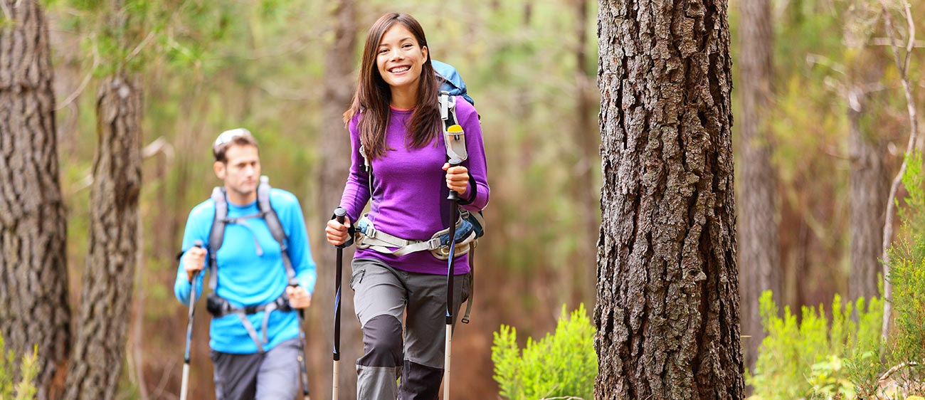 Zwei Menschen beim Nordic Walking im Wald